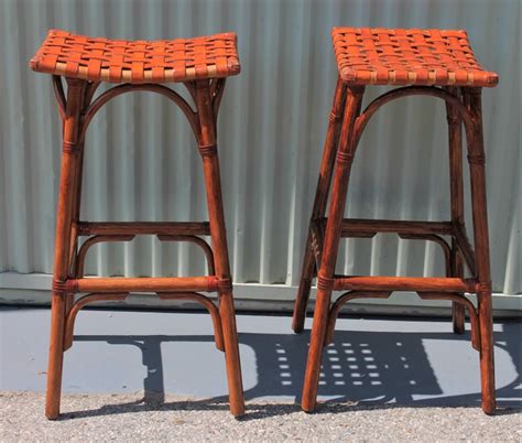 Bamboo Bar Stools With Leather Seats Pair At 1stdibs