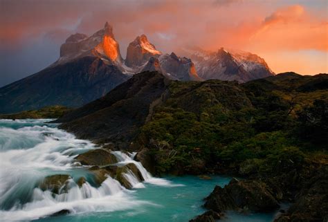 Waterfall And Sunset Patagonia In The Andes Mountains