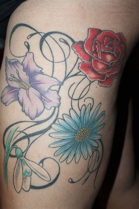 My Floral Thigh Tattoobeautiful Birth Month Flowers And A Rose