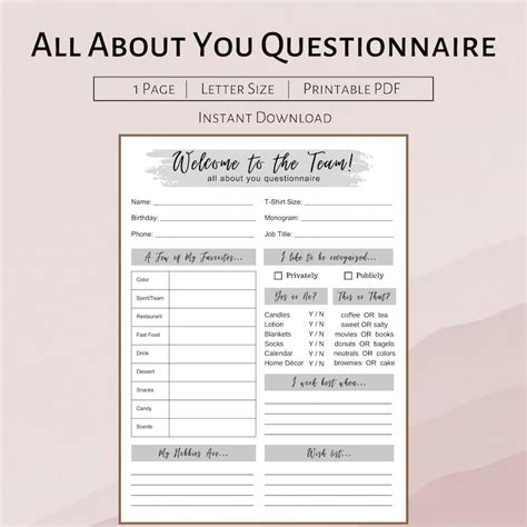 Coworker Questions Printable All About Me Employee Questionnaire