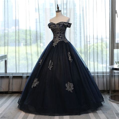 Navy Blue Appliques Ball Gown Prom Dresses Evening Quinceanera Dress