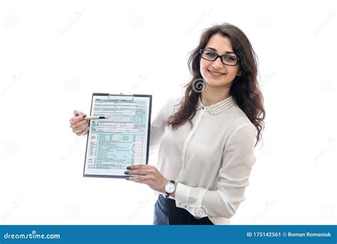 Woman With Clipboard And Pen Isolated On White Editorial Photo Image