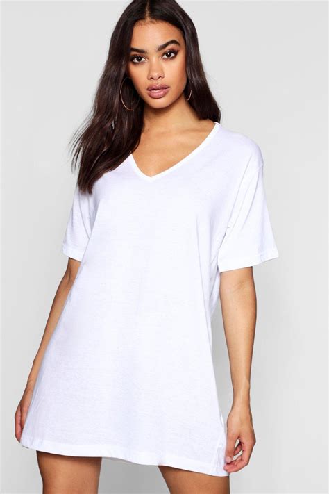 Boohoo Cotton Oversized V Neck T Shirt Dress In White Lyst
