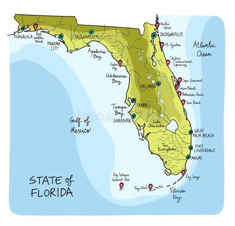 Mapa Dibujado Mano De La Florida Con Las Ciudades Principales Y Punto