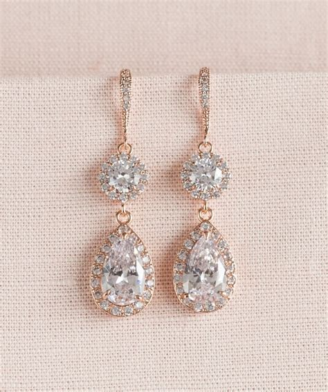 Rose Gold Bridal Earrings Wedding Jewelry Crystal Bridal Etsy