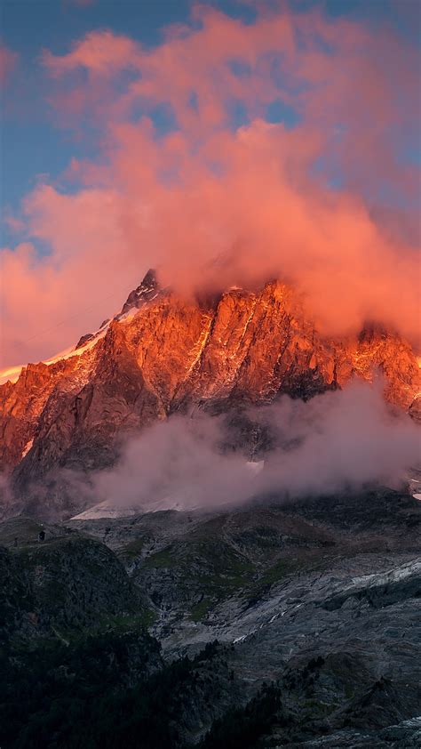 Mont Blanc Mountain Range View On Peak And Glacier At Sunset Chamonix