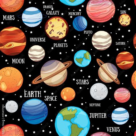 Cute Childish Solar System Planets Drawing On Seamless Pattern