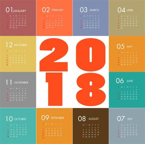 2018 Calendar Template Modern Colorful Flat Design Vectors Graphic Art