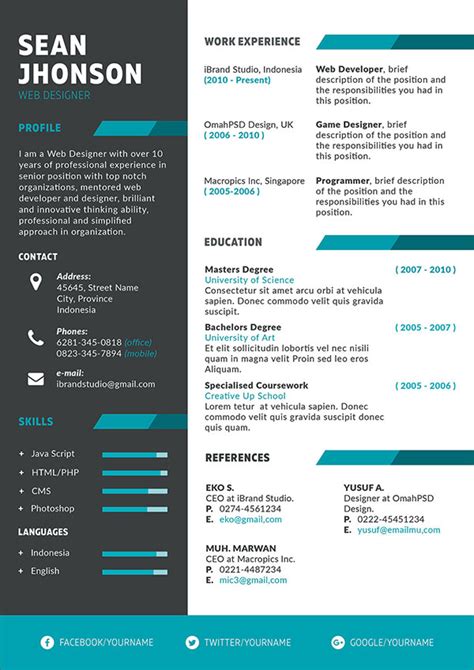 50 Free Resume/ CV Template In PSD, Ai, Word, INDD, Sketch & XD For