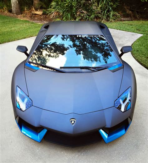Satin Grey Lamborghini Aventador With Azure Blue And Carbon Fiber Trims