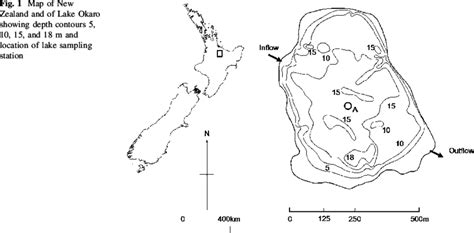 Map Of New Zealand And Of Lake Okaro Showing Depth Contours 5 10 15