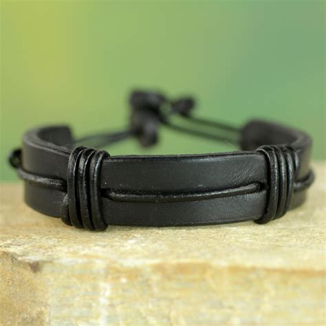 Mens Black Leather Wristband Bracelet From Ghana Enduring Strength