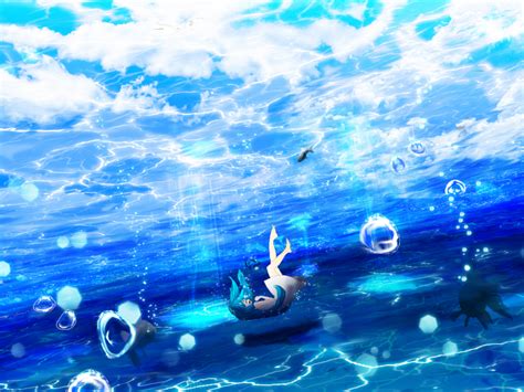 Desktop Wallpaper Underwater Dive Anime Girl Blue Hair Original Hd
