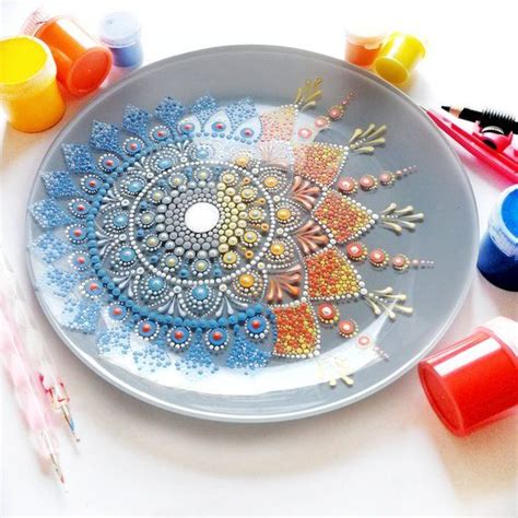 Hand Painted Decorative Glass Plate With Colors Mandala Etsy Hand