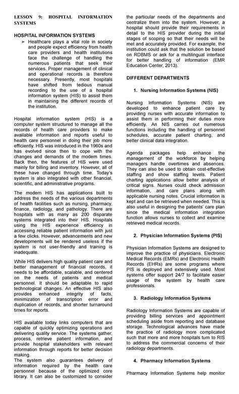 Lesson 9 Hospital Information Systems - LESSON 9: HOSPITAL INFORMATION