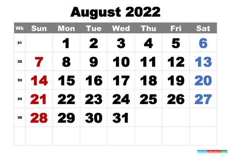 Free Printable August 2022 Calendar Word Pdf Image