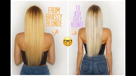 How To Tone Brassy Blonde Hair To Cool Toned Ash Grey Blonde Diy Ingrida G Youtube