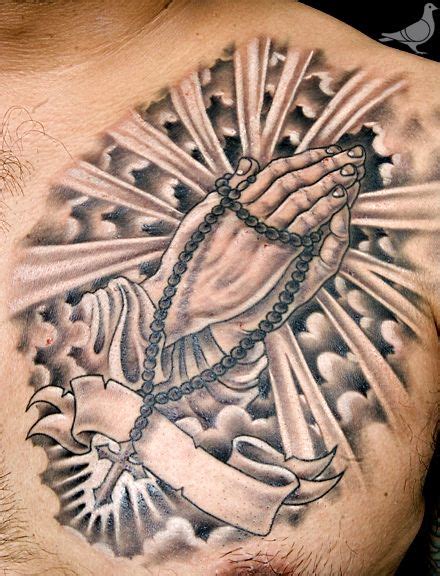 The pachuco cross is a tattoo with three dots above a cross. PRAYING HANDS, ROSERY CHEST TATTOO | durbmorrison.com ...