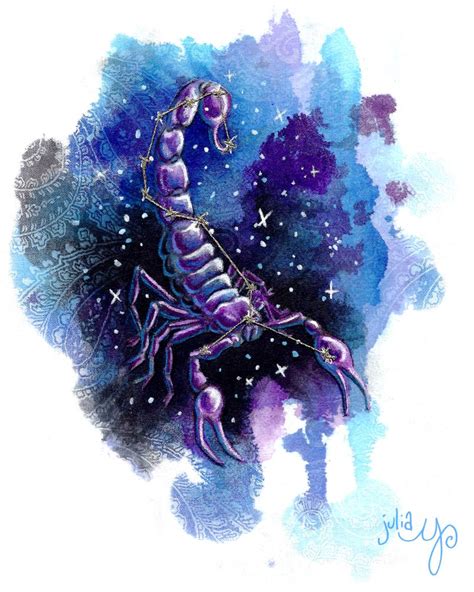 A Drawing Of A Scorpion On A Blue And Purple Background With Stars In The Sky