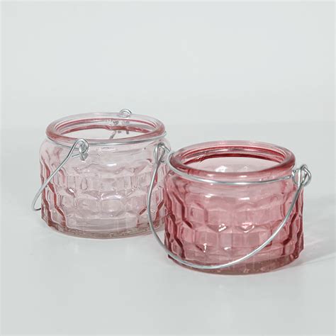 Pair Pink Glass Jar Tealight Candle Holder Pots Set 2