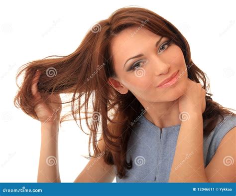 Beautiful Girl Straightens Her Hair Stock Image Image Of Fingering Brunette 12046611