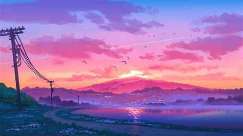 sunset   mountains illustration wallpaper  ultra hd