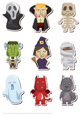 Mobile application on white background. Printable Cartoon Mummy, Dracula, Frankenstein, Witch ...