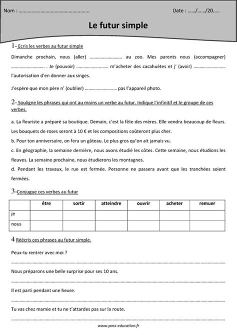 Conjuguez ces verbes au futur simple. Futur de l'indicatif - Cm1 - Exercices à imprimer - Pass ...