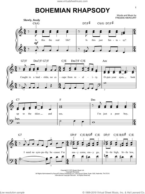 Queen Bohemian Rhapsody Easy Sheet Music For Piano Solo