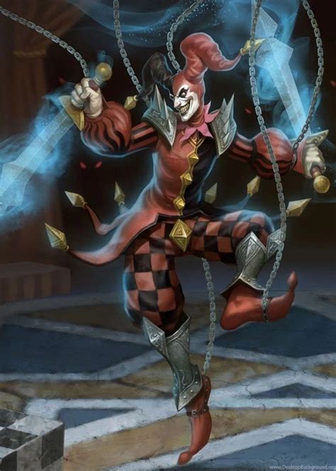 A Cartoon Character Dressed As A Jester With Chains Around His Neck And Hands In The Air