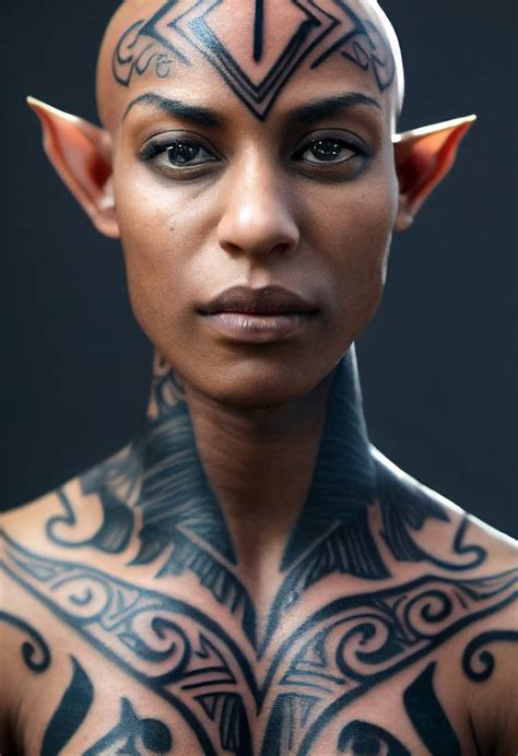 Headshot Of A Bald Dark Skinned African Fantasy Elven Calvin Klein Model With Perfect Elf Ears