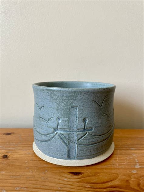Handmade 4 Ceramic Planter With Drainage Holes In Satin Blue Etsy