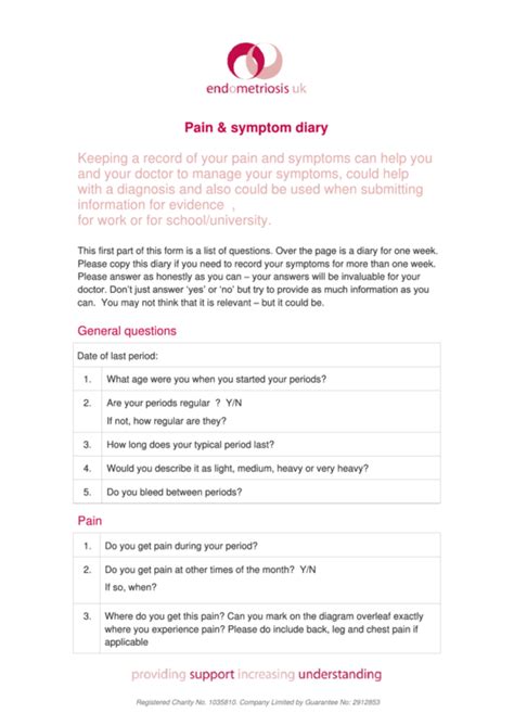 Pain And Symptom Diary Template Printable Pdf Download
