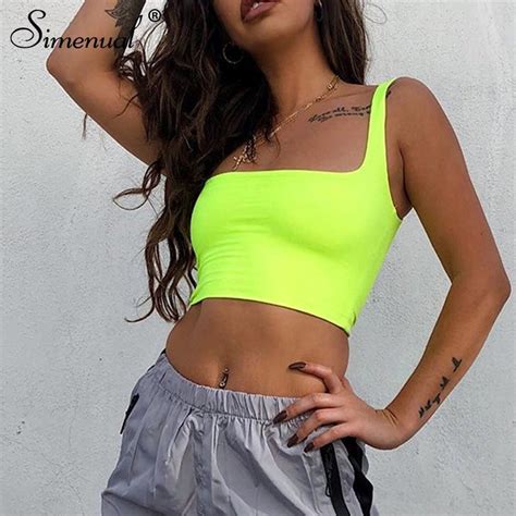 Simenual Square Collar Strap Tank Top Neon Green Sexy Sleeveless Crop Tops Wome T Shirts