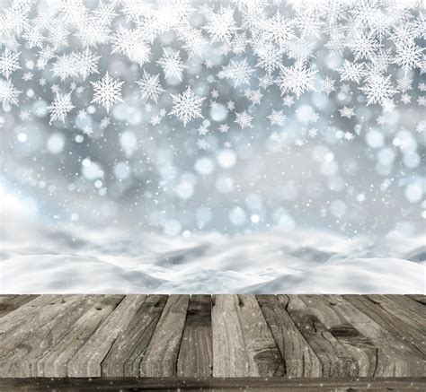 Wooden Table On A Christmas Background With Snow And Bokeh Lights Photo