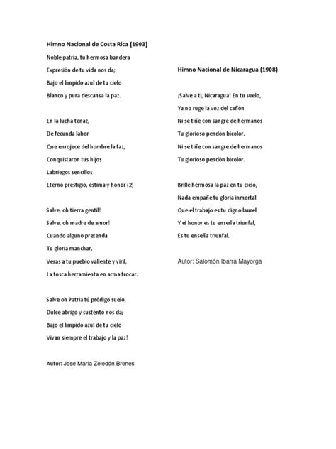 Himno Nacional De Costa Rica 1903 José María Zeledón Brenes