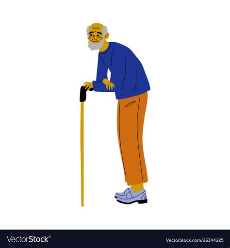Old Senior Bearded Man Walking With Cane Vector Image