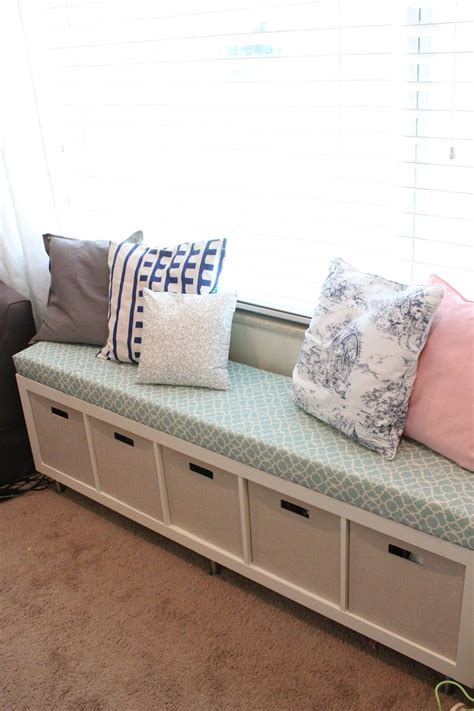 Ikea hacks, bookshelf, bench, curtains, decor, window seat with bookshelves, window seat designs, window seat fabric and pillows, how to style a. http://mommyvignettes.blogspot.com/2013/05/ikea-no-sew-window-bench-tutorial.html (With images ...