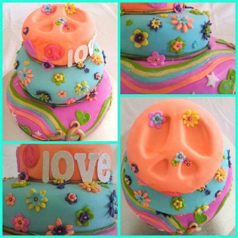 60s Theme Birthday Cake Peace Love Rainbow Flowers Cake