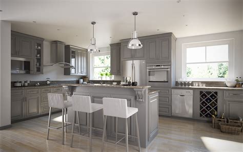 We have light gray cabinets and a matching island. Roosevelt Steel Grey Kitchen Cabinets - Willow Lane Cabinetry