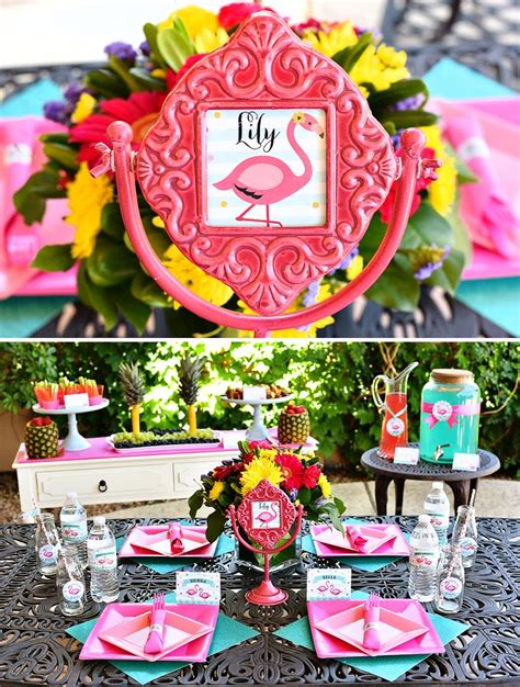 Create a tropical vibe with this quirky flamingo snow globe. Chic & Creative Pink Flamingo Pool Party // Hostess with ...