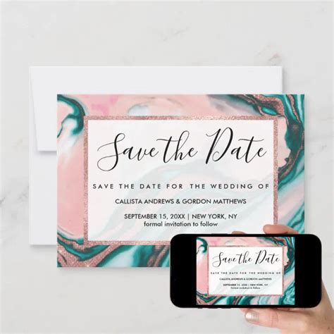 Rose Gold Glitter Pink Teal Swirly Painted Marble Save The Date Zazzle