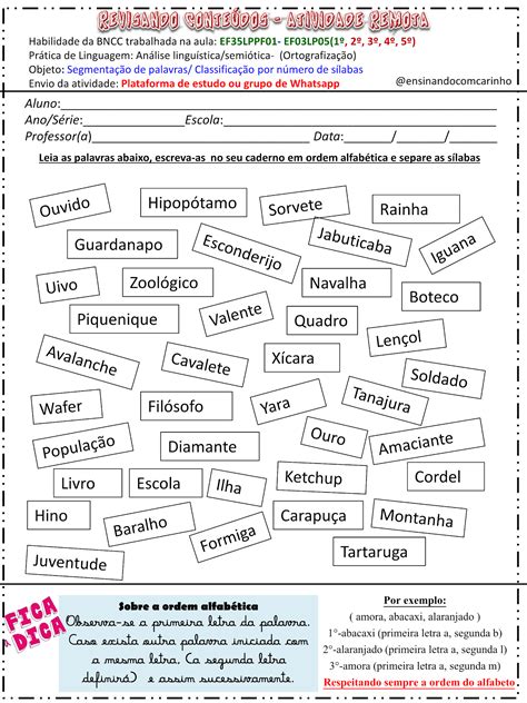 Atividades Ordem Alfabetica 5 Ano BRAINLAYS