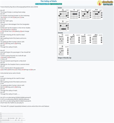 These chord voicings will also work with a banjo ukulele (aka banjolele) or any other instrument with the same tuning. Chord: The Valley of Malls - Fountains of Wayne - tab ...