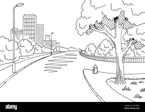 Street Road Graphic Black White City Crossroad Landscape Sketch