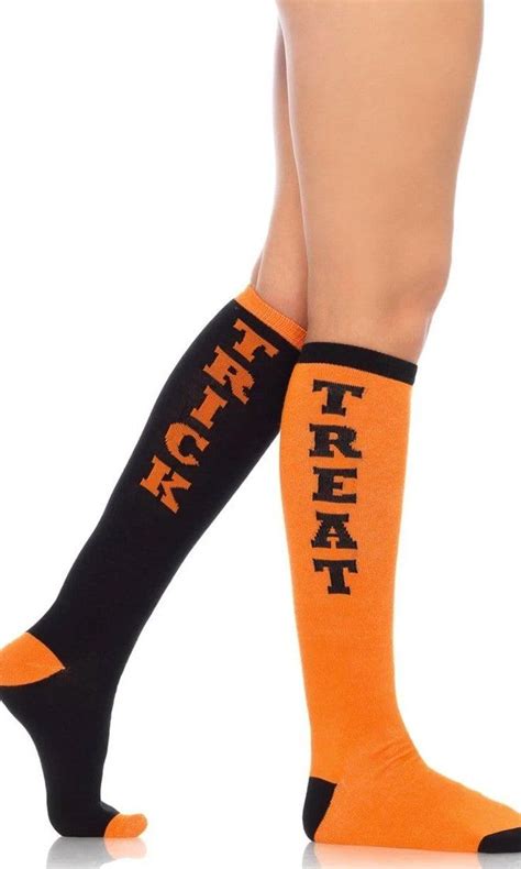 Full Of Tricks Black Orange Trick Or Treat Halloween Knee Socks Hosiery