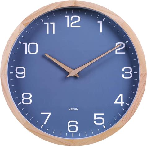 Kesin 12 Inches Wood Blue Wall Clock Silent Round Modern Wall Clocks