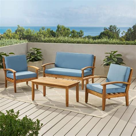 Noble House Galilea Teak Finish 4 Piece Wood Patio Conversation Set