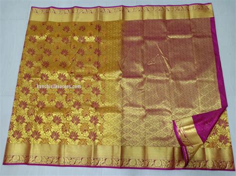 kanchipuram pure silk sarees lotus flower design gold yellow w magenta color kanchipuram silk