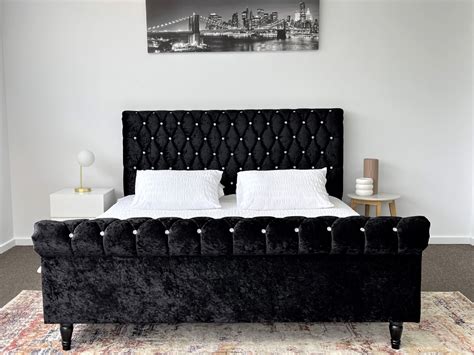 Queen King Bed Frame Velvet Fabric Black Upholstered Vs Pu Leather